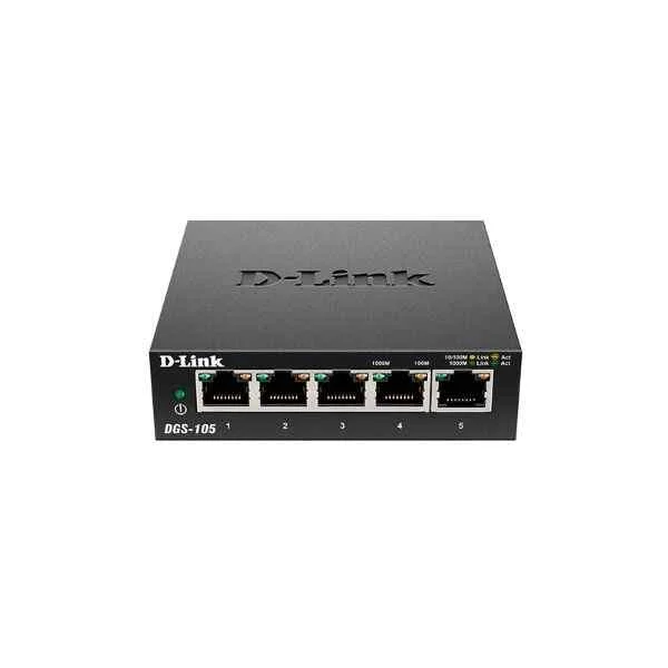 DGS-105 | D-Link Ports: 5 Gigabit electrical ports, backplane bandwidth: 10G, packet forwarding rate: 7.4M, size: 100x98x28mm (3.9 inches, iron case), desktop type can be wall-mounted, power supply: DC 5V/1A external power supply, non-network management switch