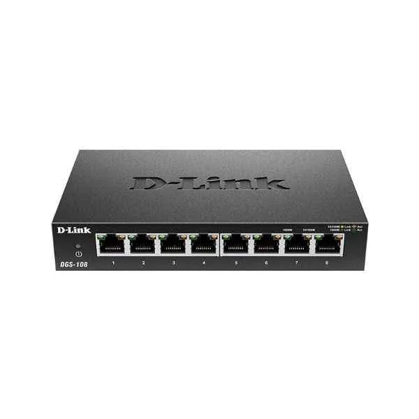 DGS-108 | D-Link Ports: 8 Gigabit electrical ports, backplane bandwidth: 16G, packet forwarding rate: 11.9M, size: 162x102x28mm (6.4 inches, iron case), desktop type can be wall-mounted, power supply: DC 5V/1A external power supply, non-network management switch