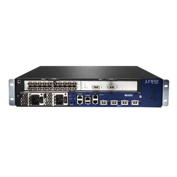 MX80BASE-T | MX80 Chassis with Timing Support, Includes one power supply, 2 empty MIC slots, 4x10GE XFP built-in ports, Fan Tray w/Filter. Power-supply cable to be ordered separately