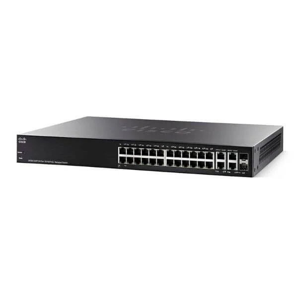 SF350-24P | 8 10/100 ports with 128W power budget, 2 Gigabit copper/SFP combo