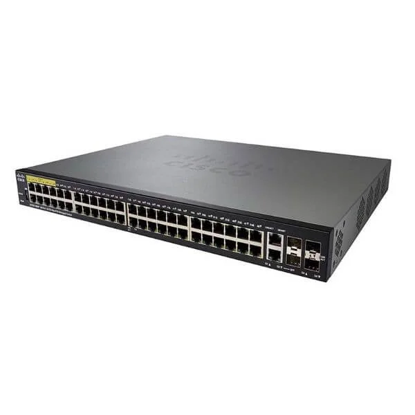 SF350-48MP | 24 10/100 PoE+ ports with 375W power budget, 2 Gigabit copper/SFP combo + 2 SFP ports