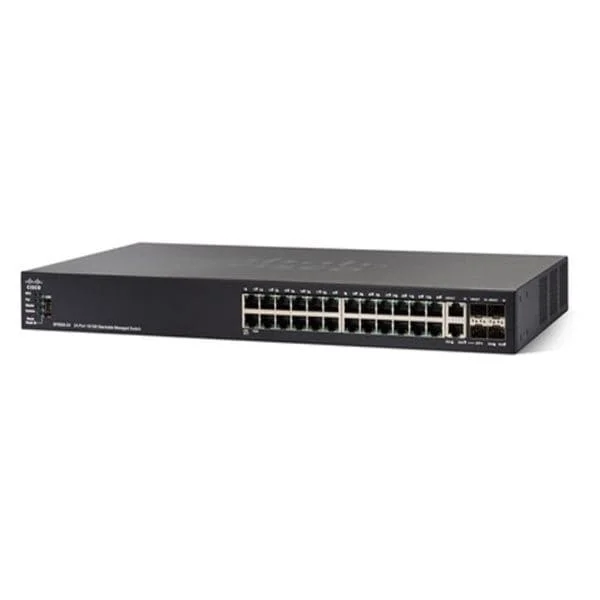 SF550X-24P | 24 x 10/100 PoE+ ports with 195W power budget, 4 x 10 Gigabit Ethernet (2 x 10GBase-T/SFP+ combo + 2 x SFP+)