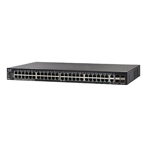 SF550X-48MP | 48 x 10/100 PoE+ ports with 740W power budget, 4 x 10 Gigabit Ethernet (2 x 10GBase-T/SFP+ combo + 2 x SFP+)