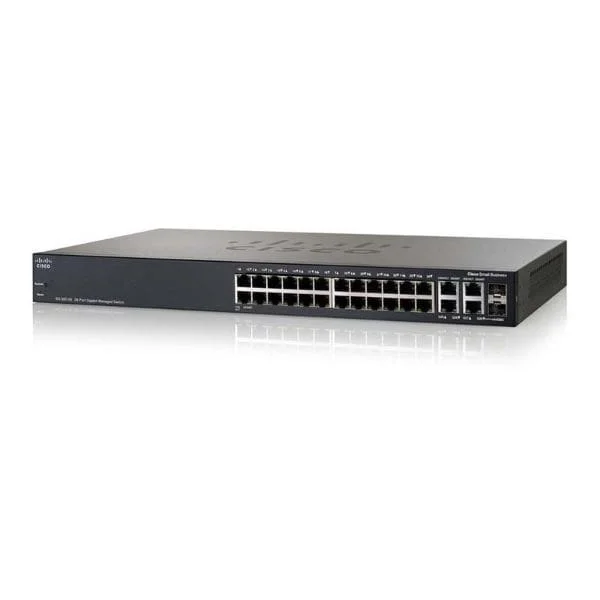 SG300-28P | 26 10/100/1000 ports (24 PoE ports with 180W power budget), 2 combo mini-GBIC ports