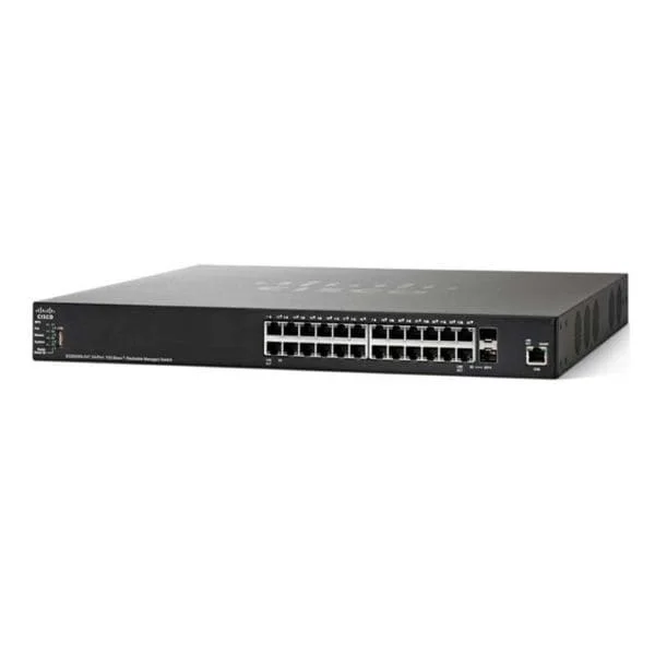 SG350XG-24T | 24 x 10 Gigabit Ethernet 10GBase-T copper port, 2 x 10 Gigabit Ethernet SFP+ (combo with 2 copper ports), 1 x Gigabit Ethernet management por