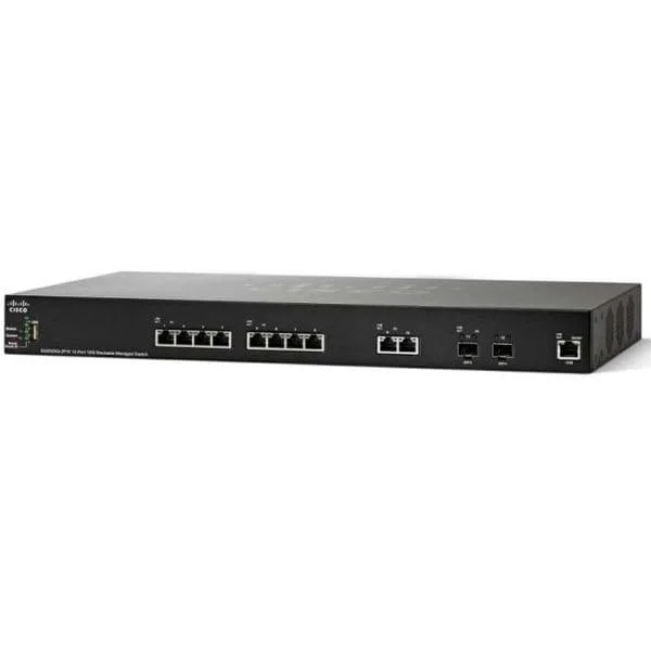 SG350XG-2F10 | 10 x 10 Gigabit Ethernet 10GBase-T copper port, 2 x 10 Gigabit Ethernet SFP+ (dedicated), 1 x Gigabit Ethernet management port